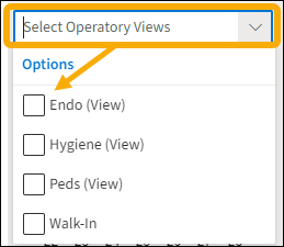 Select Operatory Views with a yellow highlight box around the drop-down menu and a yellow arrow pointing downward to selection checkboxes.